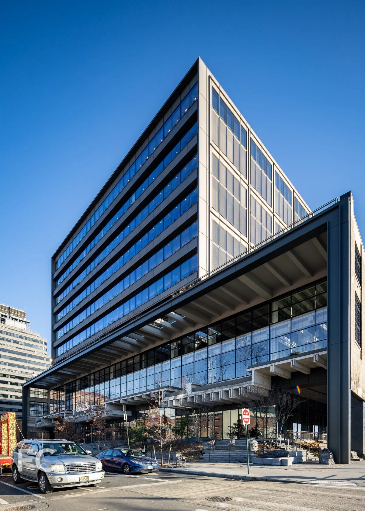 St. John’s Terminal (Google Hudson Square), New York, with its glazed upper floors above a cantilevered base
