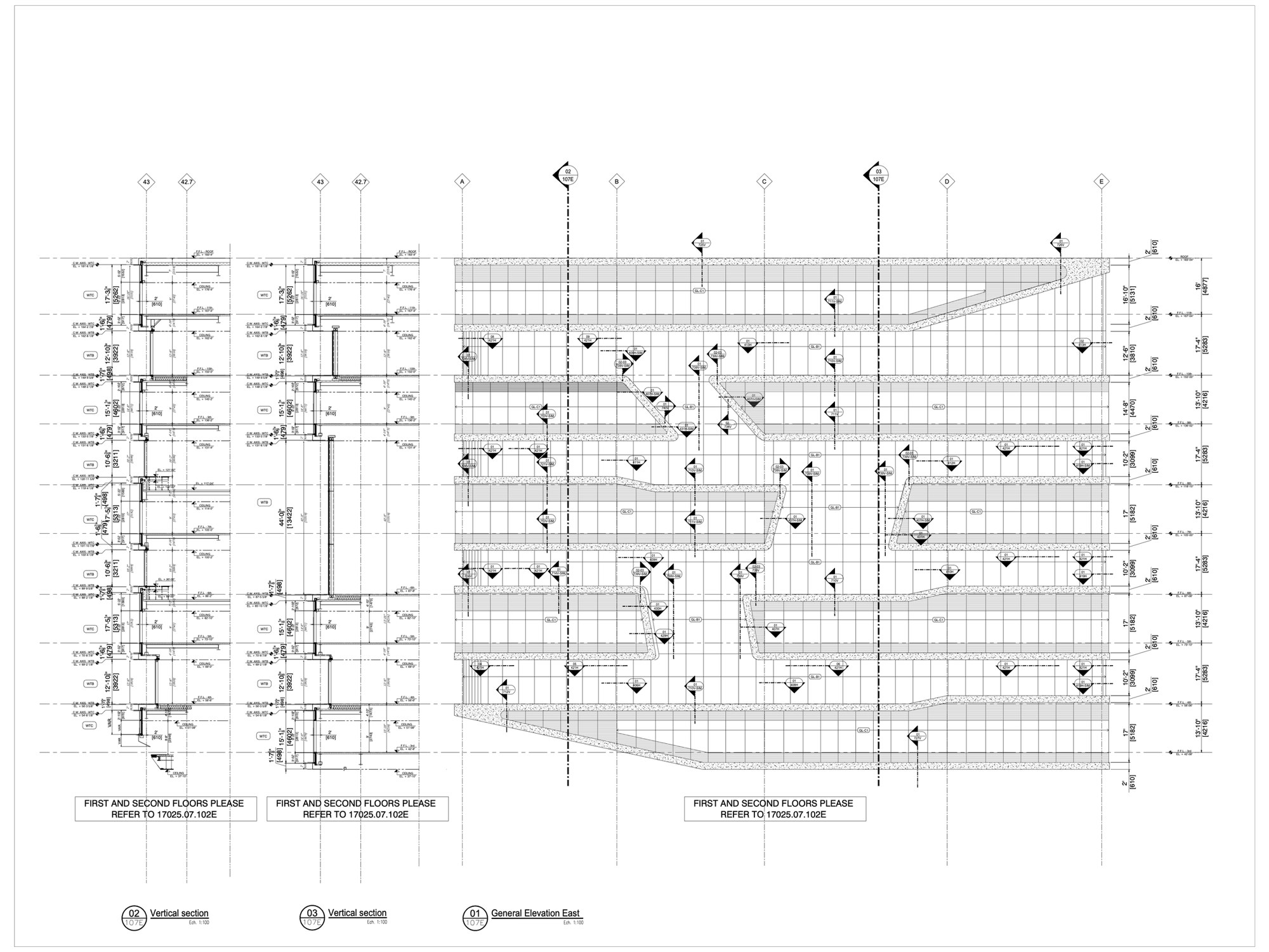 Technical drawing of the Kravis Hall east façade: general elevation and vertical sections