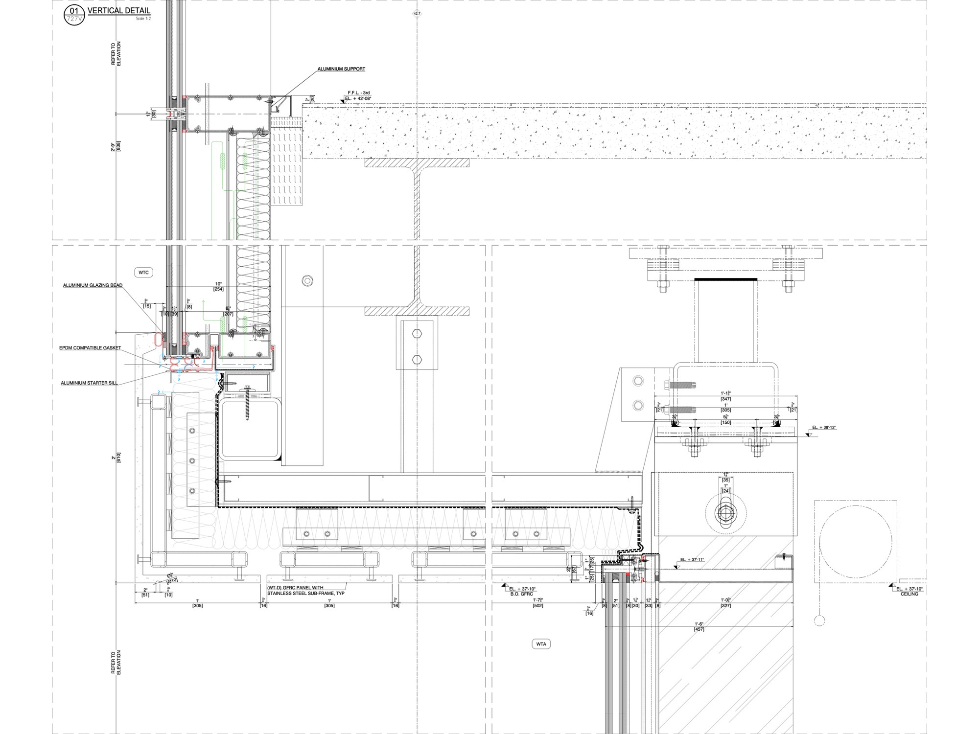 Vertical façade detail drawing at the Kravis Hall third-floor slab with GFRC soffit