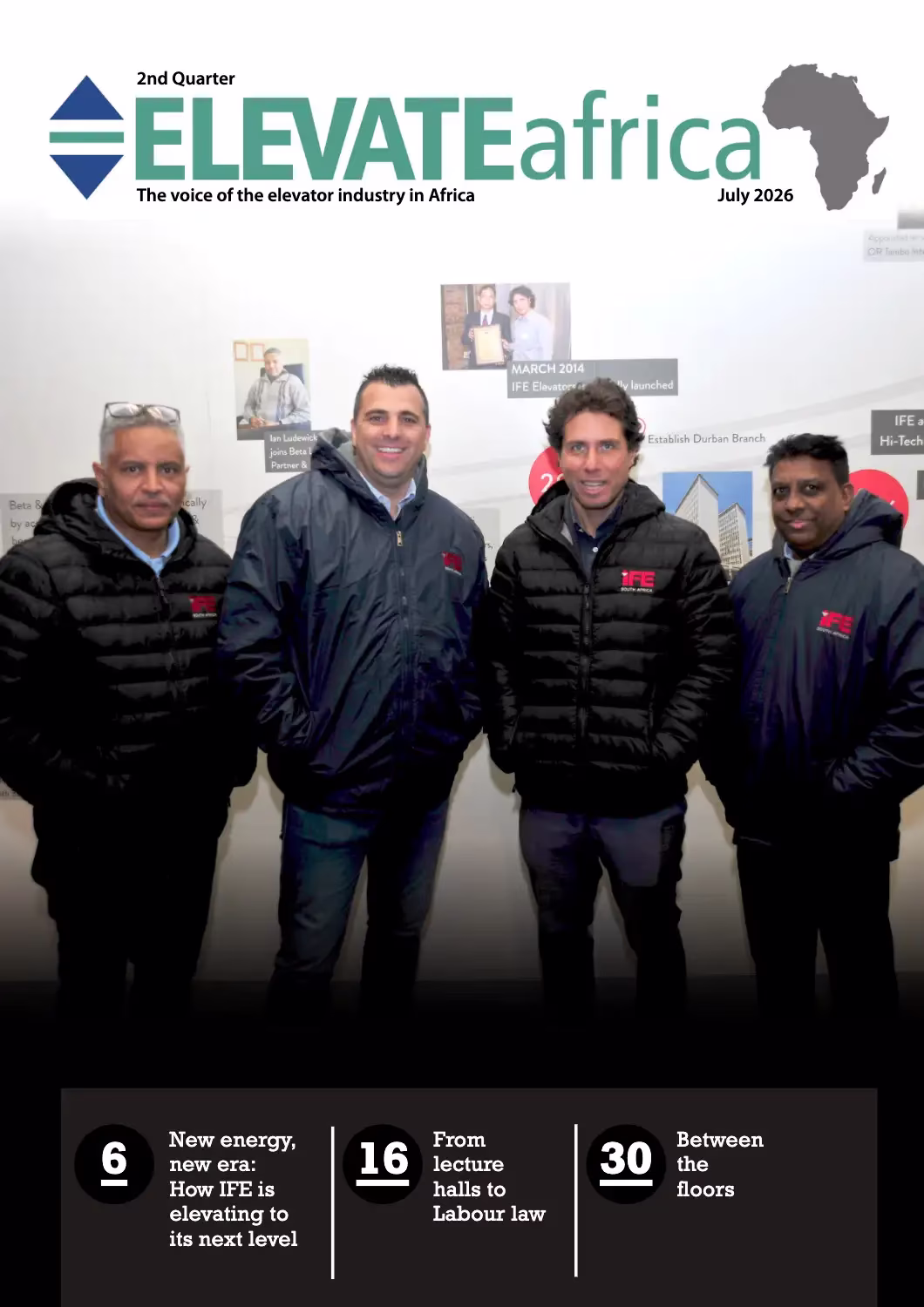 Four men standing shoulder to shoulder, wearing IFE jackets with a Collage background behind them.