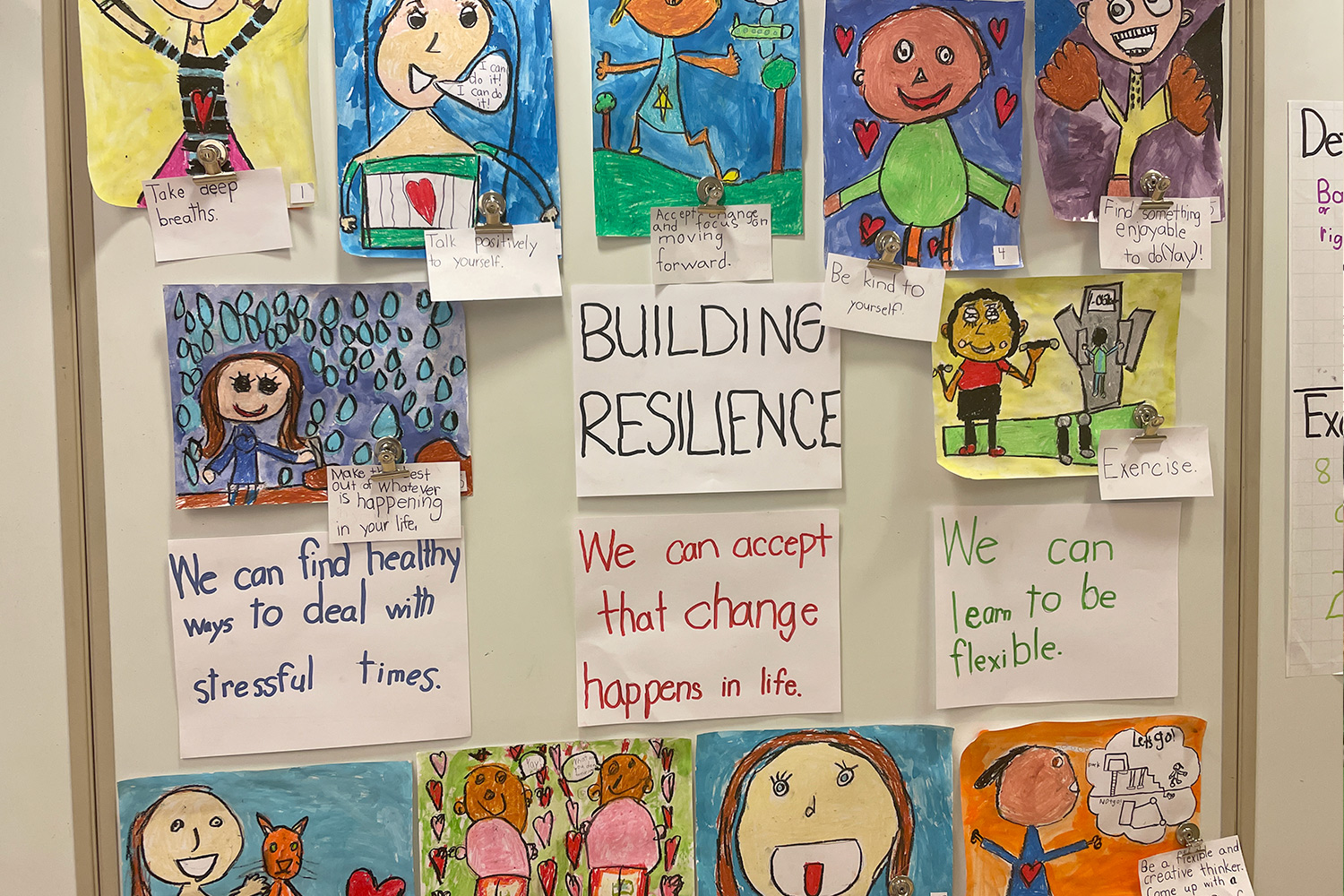 Image of Art display board in the classroom showcasing student art about Resilience