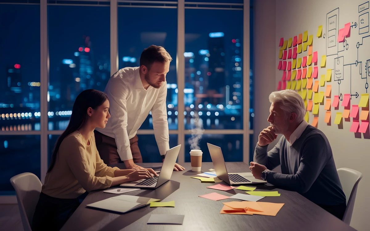 Primevia Health team collaborating in the office at night