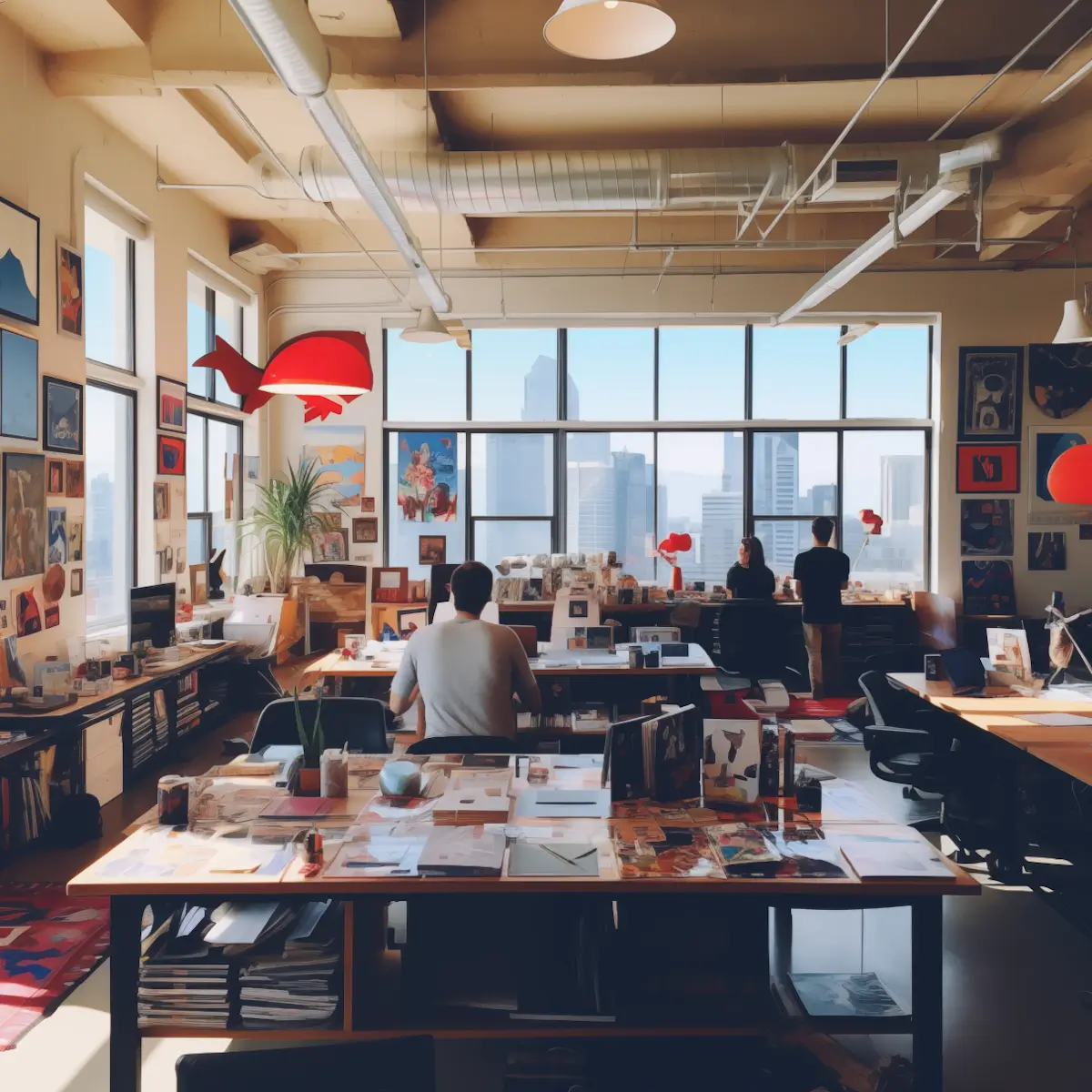 Bright Forge workspace: sunlit modern office with a city view