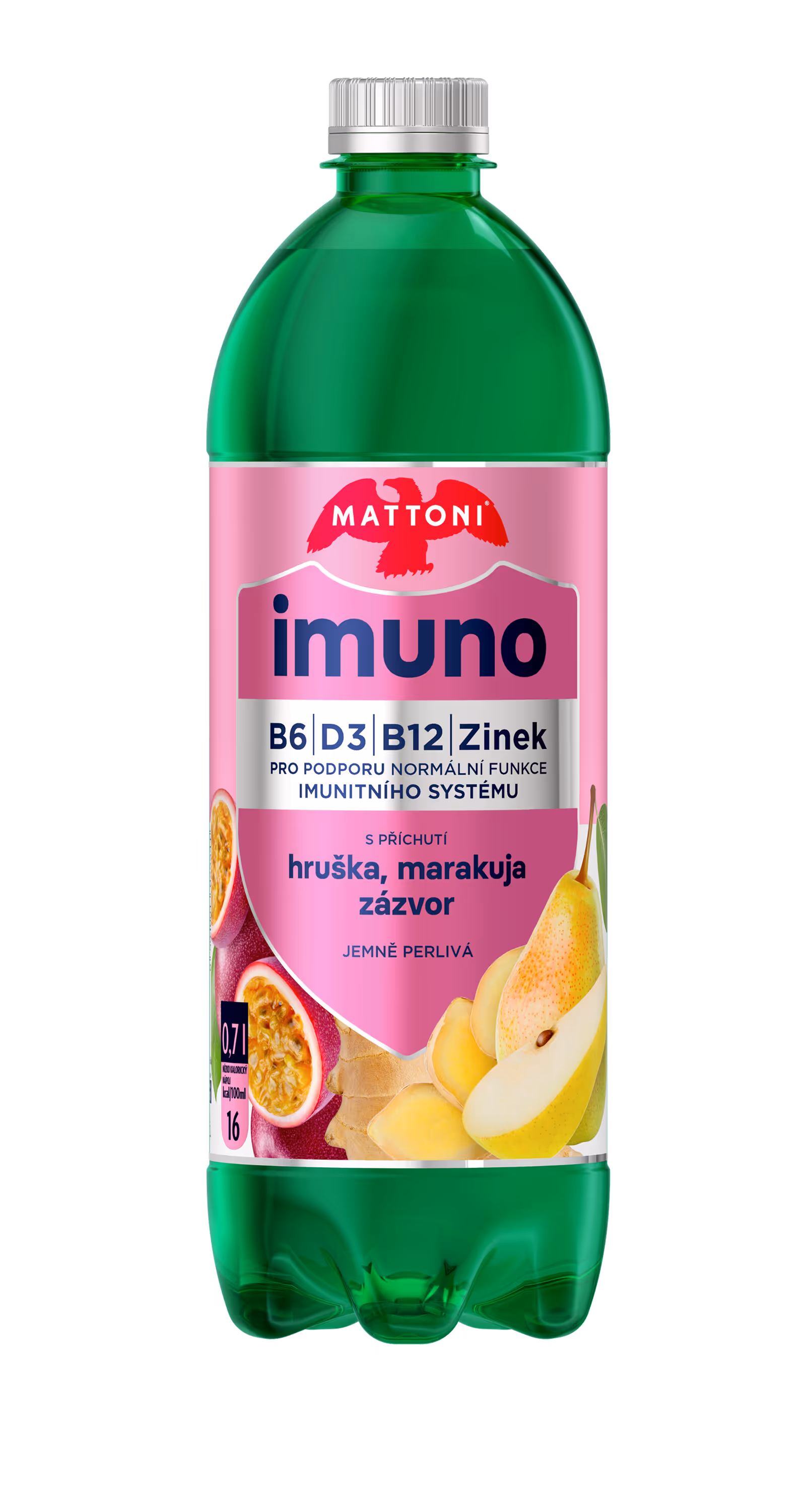 Green plastic bottle of Mattoni Imuno sparkling water with pear, passion fruit, and ginger flavor and added vitamins B6, D3, B12, and zinc.