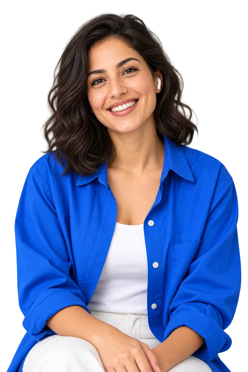 A smiling professional in a blue shirt, ready for a conversation
