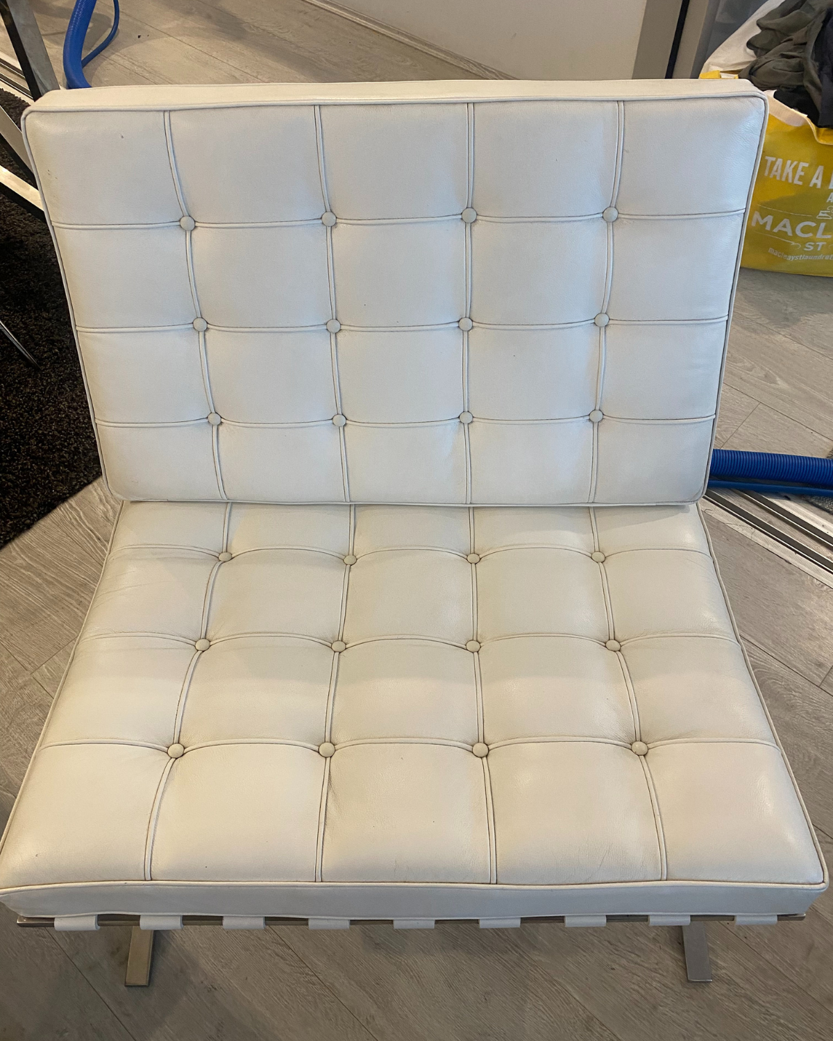 Mega Clean technician professionally cleaning a leather lounge