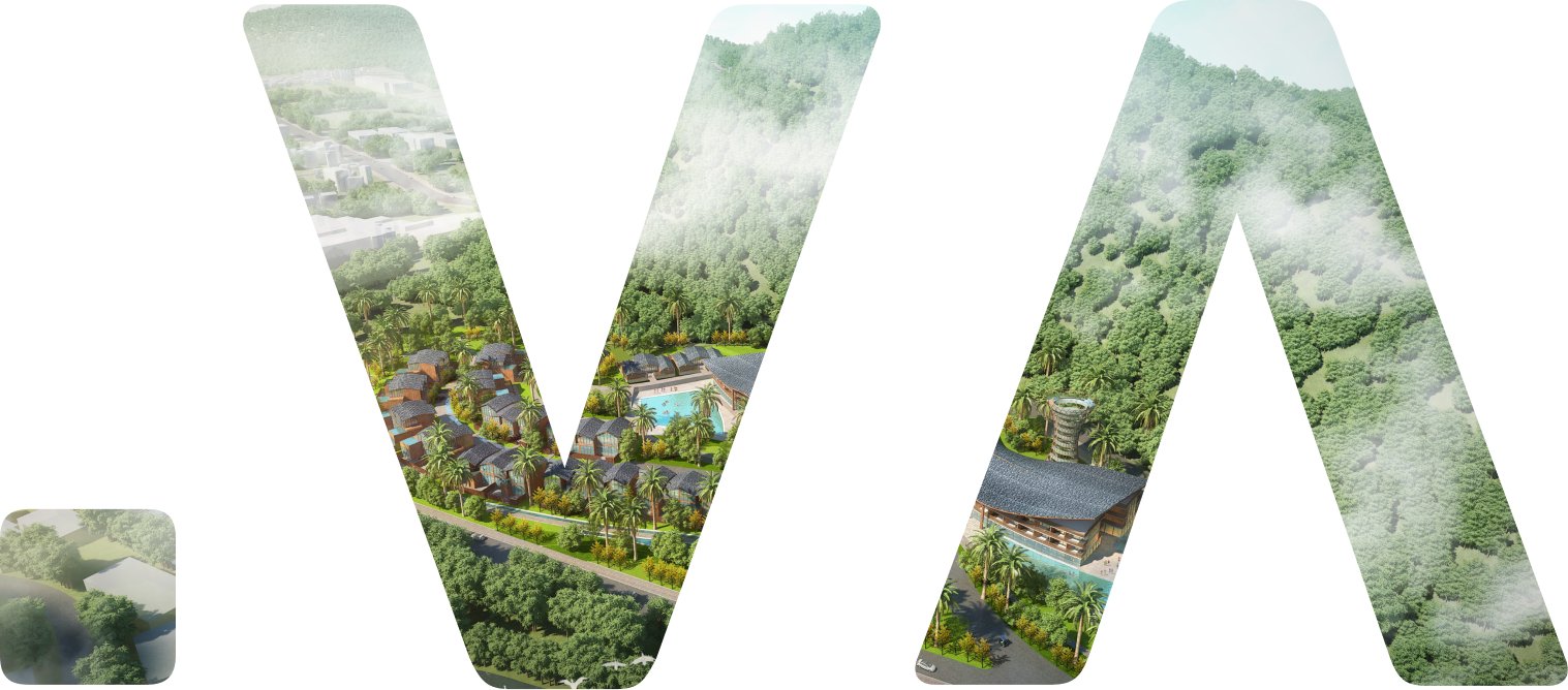 Large letters V and A filled with aerial view of forest, buildings, and swimming pools in a resort area.