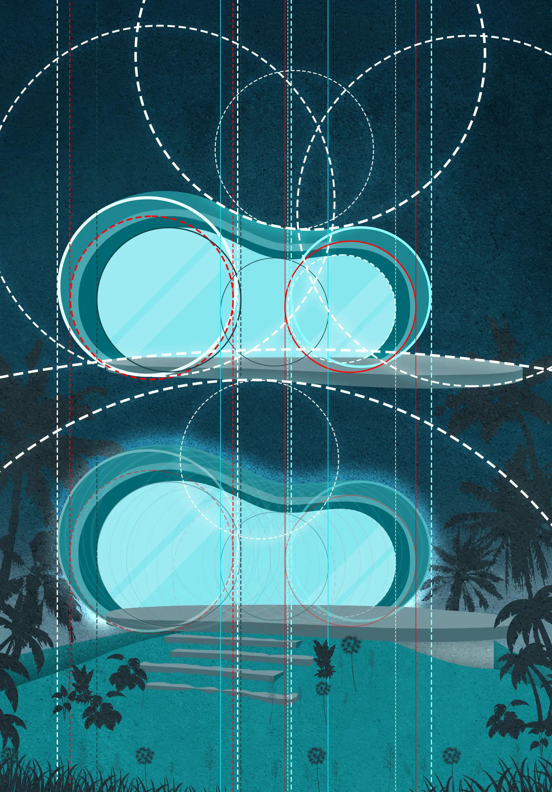 Abstract blue architectural shapes with circular outlines and tropical plant silhouettes in the background.