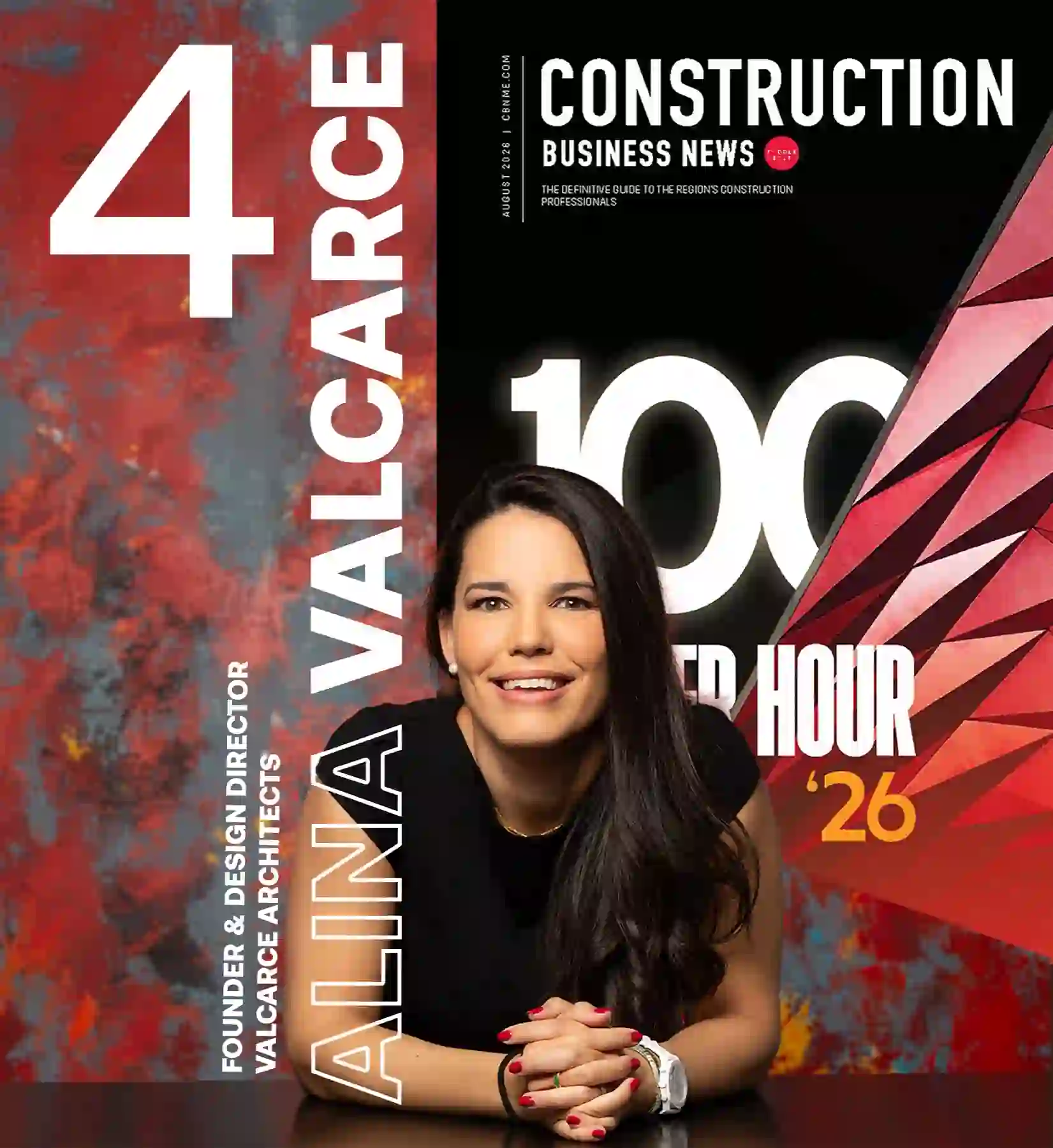 Smiling woman leaning on table with text highlighting 4 Valcarce and founder Alina Valcarce.
