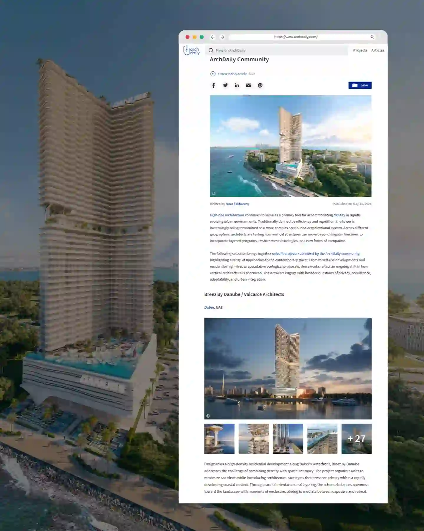 Digital article page showing Breez by Danube, a high-rise residential building in Dubai's waterfront.