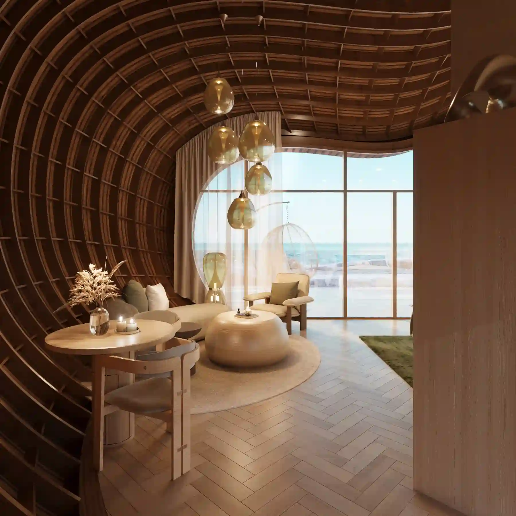 Curved wooden lounge with modern furniture and hanging lights overlooking an ocean view through large windows.