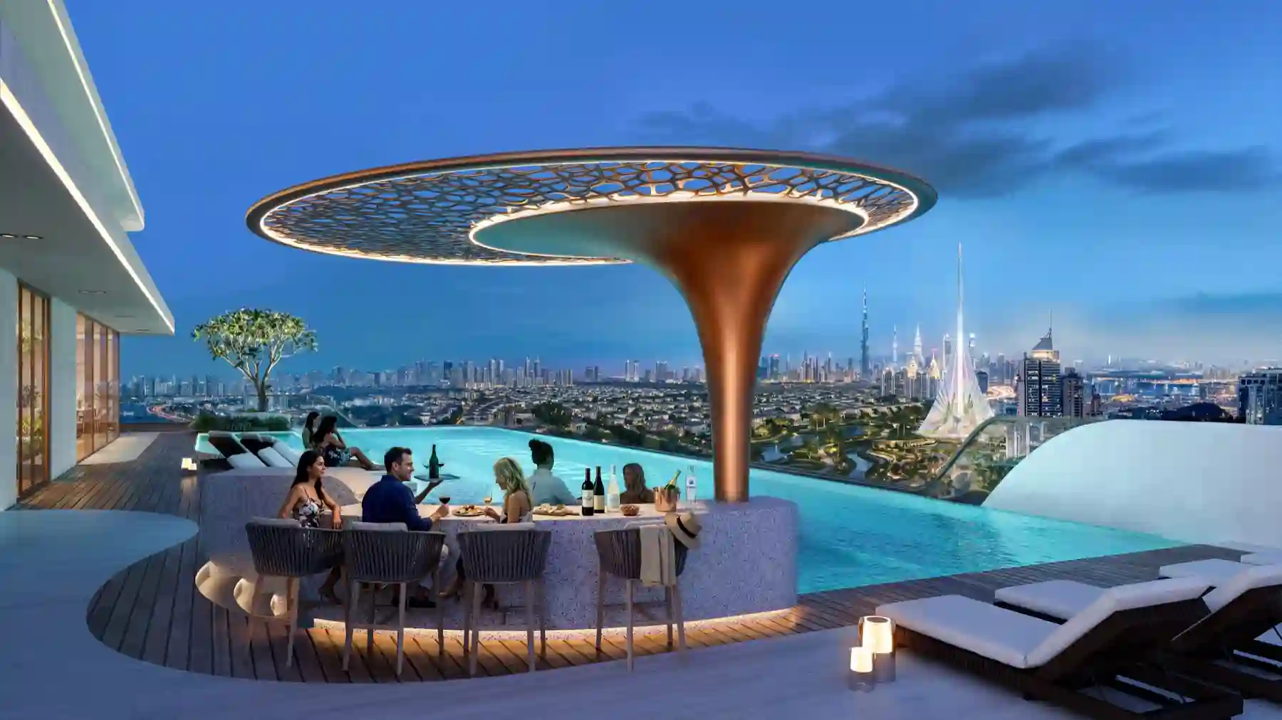 Evening poolside bar with people seated under a modern canopy, overlooking a lit city skyline.