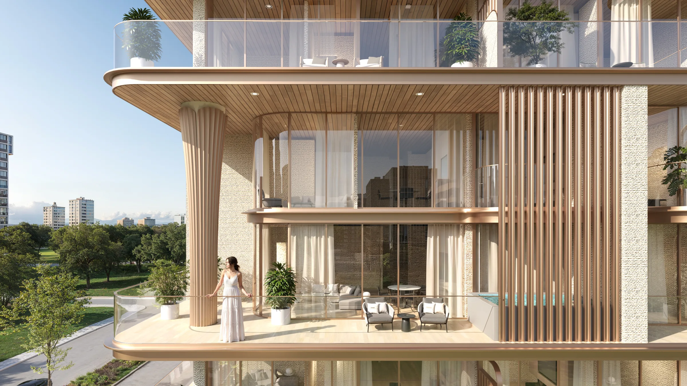 Close-up architectural facade with a resident on a balcony