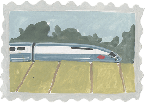Dessin d'un train à grande vitesse blanc et bleu dans un champ avec des arbres en arrière-plan.