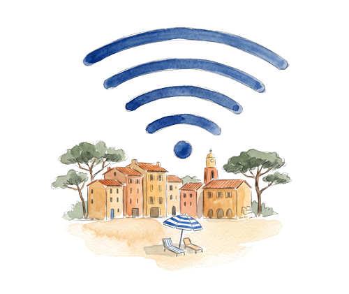 Icône symbole wifi bleu au-dessus d'une illustration miniature d'un village provençal avec clocher et arbres.