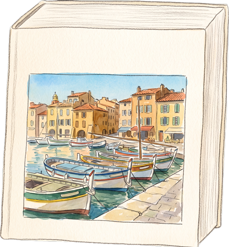 Illustration miniature d'un cadre carré encadrant une peinture de port méditerranéen avec bateaux et façades colorées.