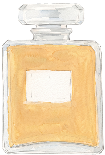 Illustration miniature d'un flacon de parfum doré à étiquette blanche, avec bouchon carré.