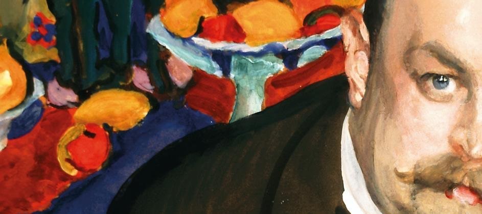 Peinture partielle montrant un homme avec une moustache, un costume noir et des fruits colorés en arrière-plan.