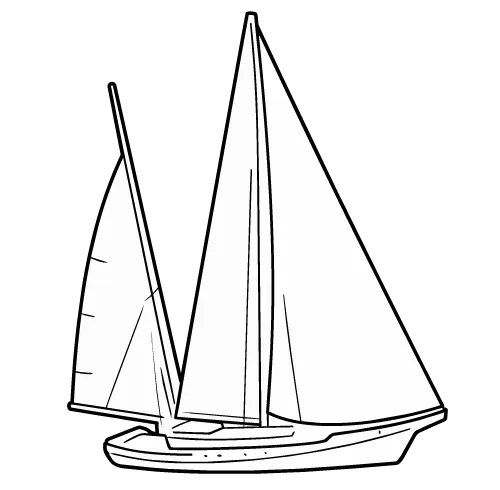 Disegno monocromatico di una barca a vela a due alberi con due vele dispiegate.
