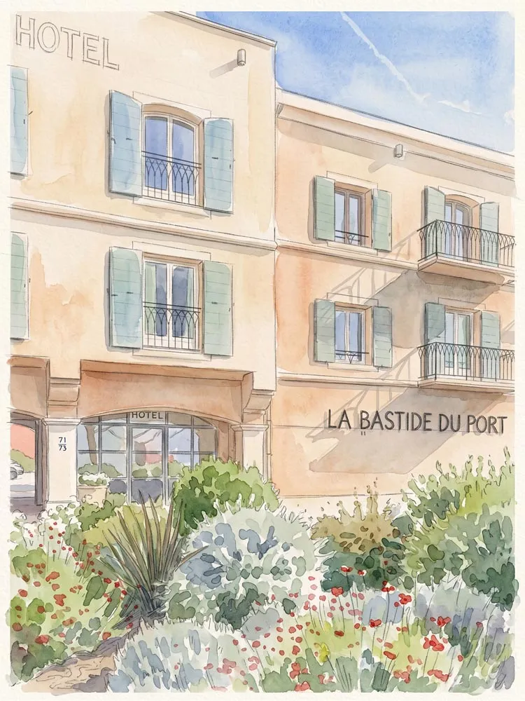 Illustrazione ad acquerello dell'edificio dell'hotel La Bastide du Port con persiane verdi e fiori da giardino.