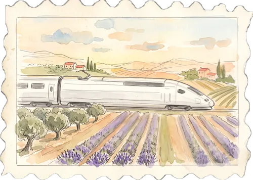 Train à grande vitesse roulant devant un champ de lavande avec collines et maisons à l'arrière-plan.