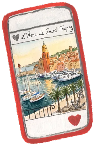 Acquerello su schermo di telefono del porto di Saint-Tropez con yacht, palme e il campanile della chiesa al tramonto.