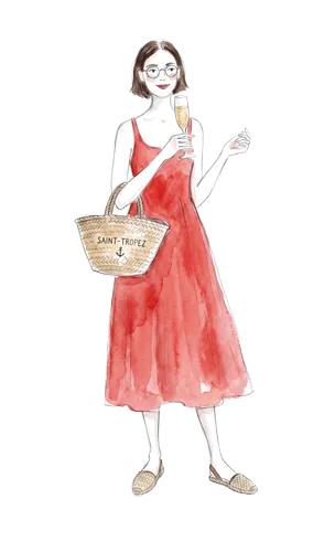 Donna in abito rosso con occhiali, con in mano un bicchiere e una borsa Saint-Tropez di vimini.
