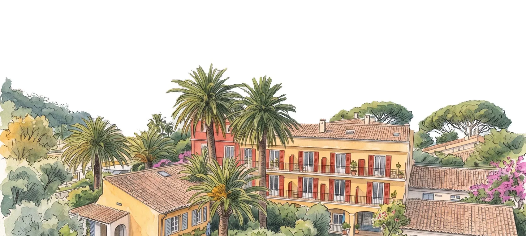 Illustrazione di un edificio con persiane rosse circondato da palme e vegetazione lussureggiante.