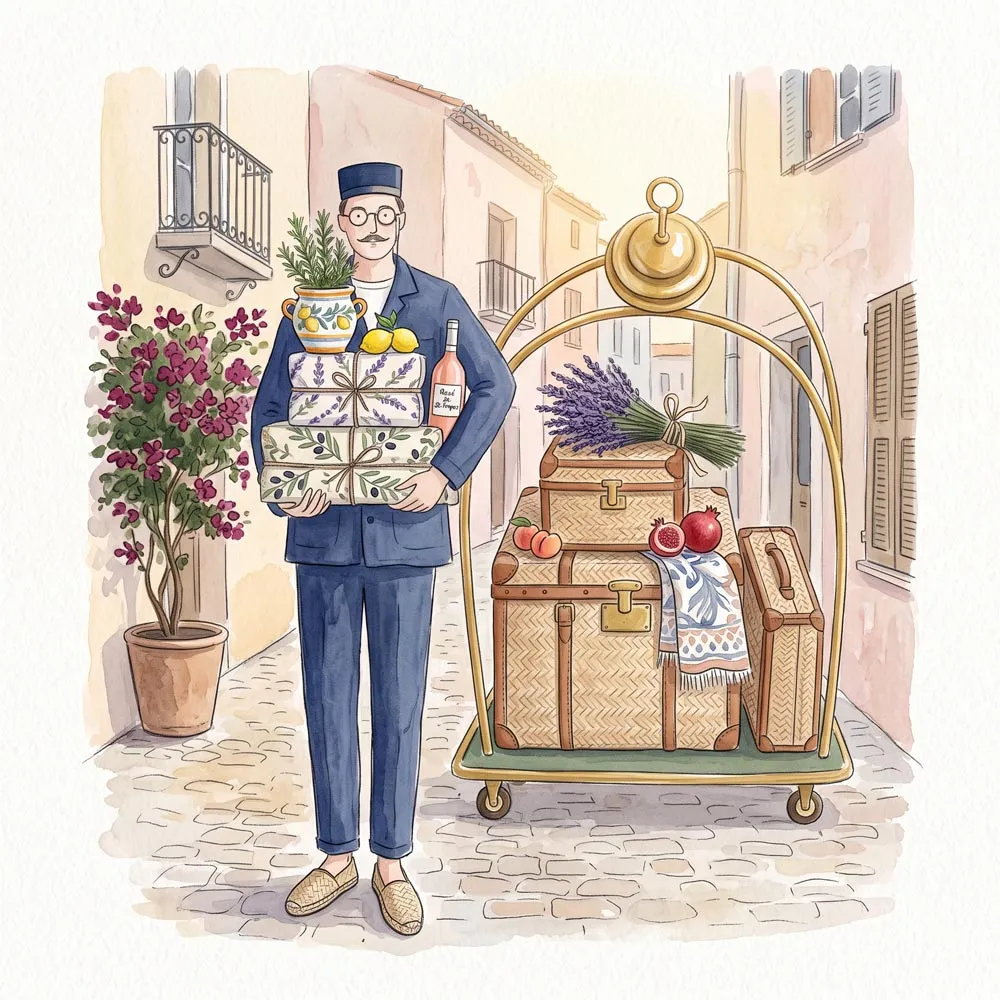 Un porteur d'hôtel tenant des cadeaux avec bouquets et bouteille, devant chariot avec valises et lavande.