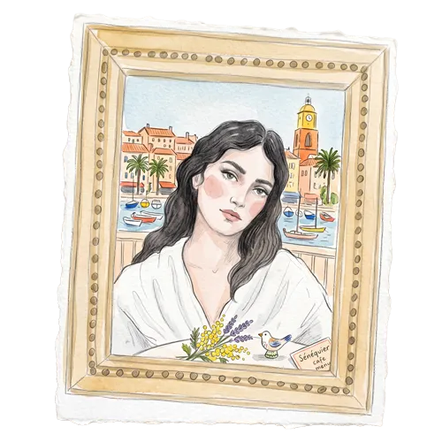 Portrait d'une femme aux cheveux noirs devant un port avec bateaux et palmiers dans un cadre doré.