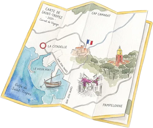 Mappa illustrata di Saint-Tropez 2024 che mostra il porto, la cittadella, Cap Camarat e Pampelonne.