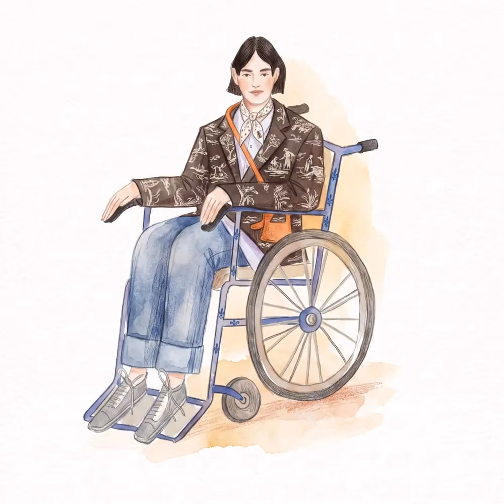 Illustration of a person seated in a wheelchair wearing a patterned jacket and blue jeans.