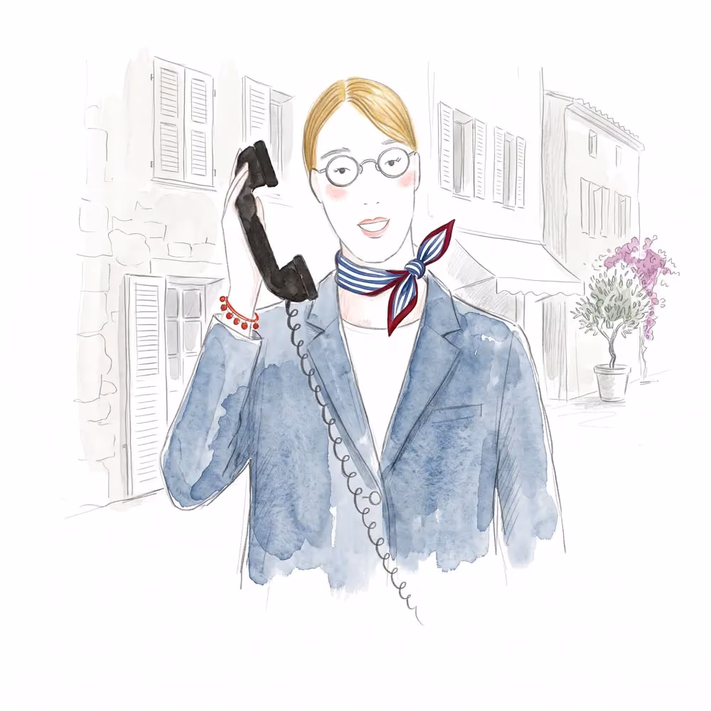 Illustration of a person with glasses and a scarf holding a vintage phone receiver outdoors.