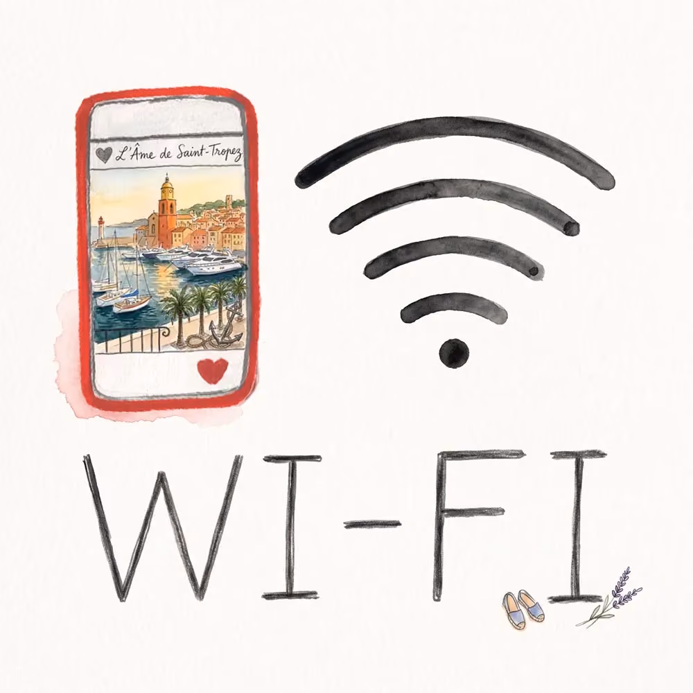 Watercolor of a red smartphone showing Saint-Tropez harbor beside a Wi-Fi symbol and text 'WI-FI'.