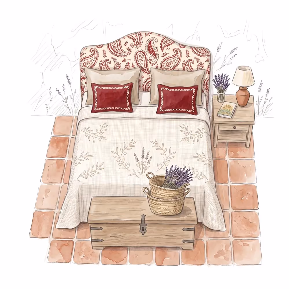 Bed with red paisley headboard, beige bedding, red pillows, wooden chest, and side table with lamp and lavender.