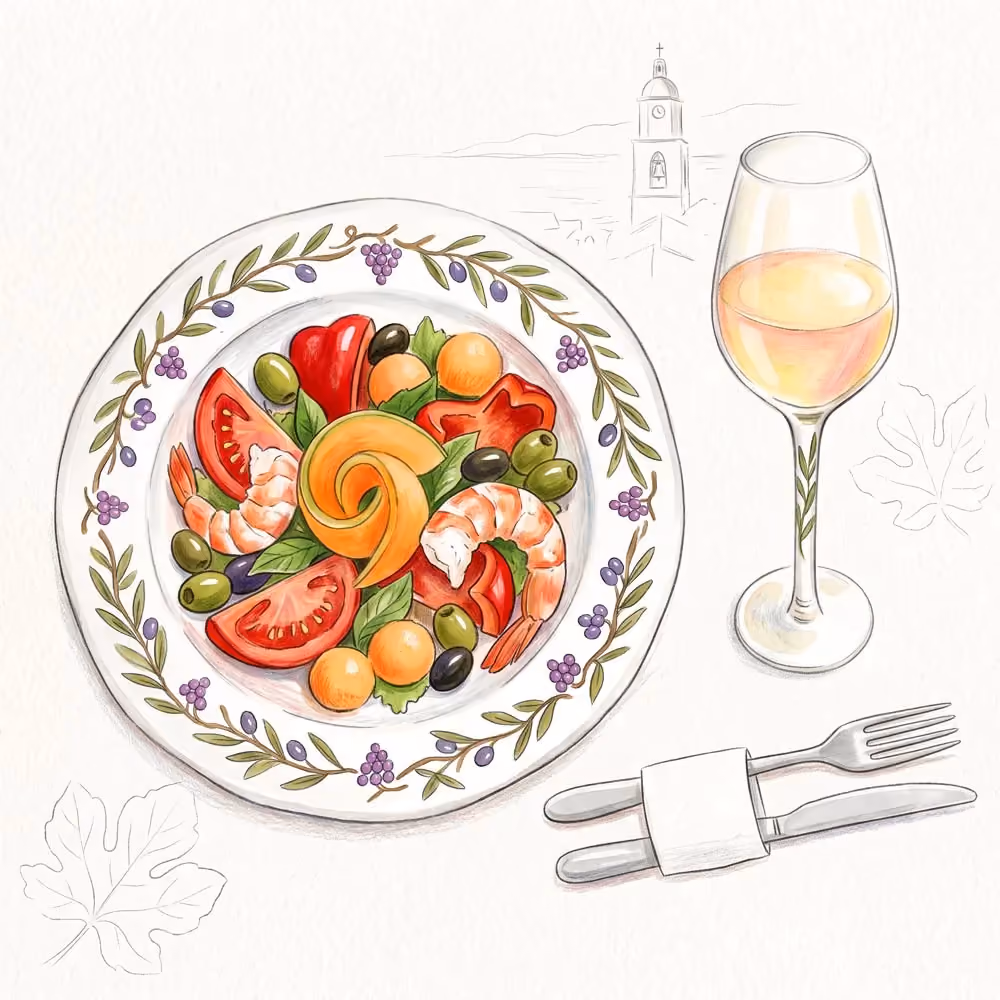 Illustration of seafood salad with shrimp, tomatoes, olives, melon, and red peppers with a glass of white wine.