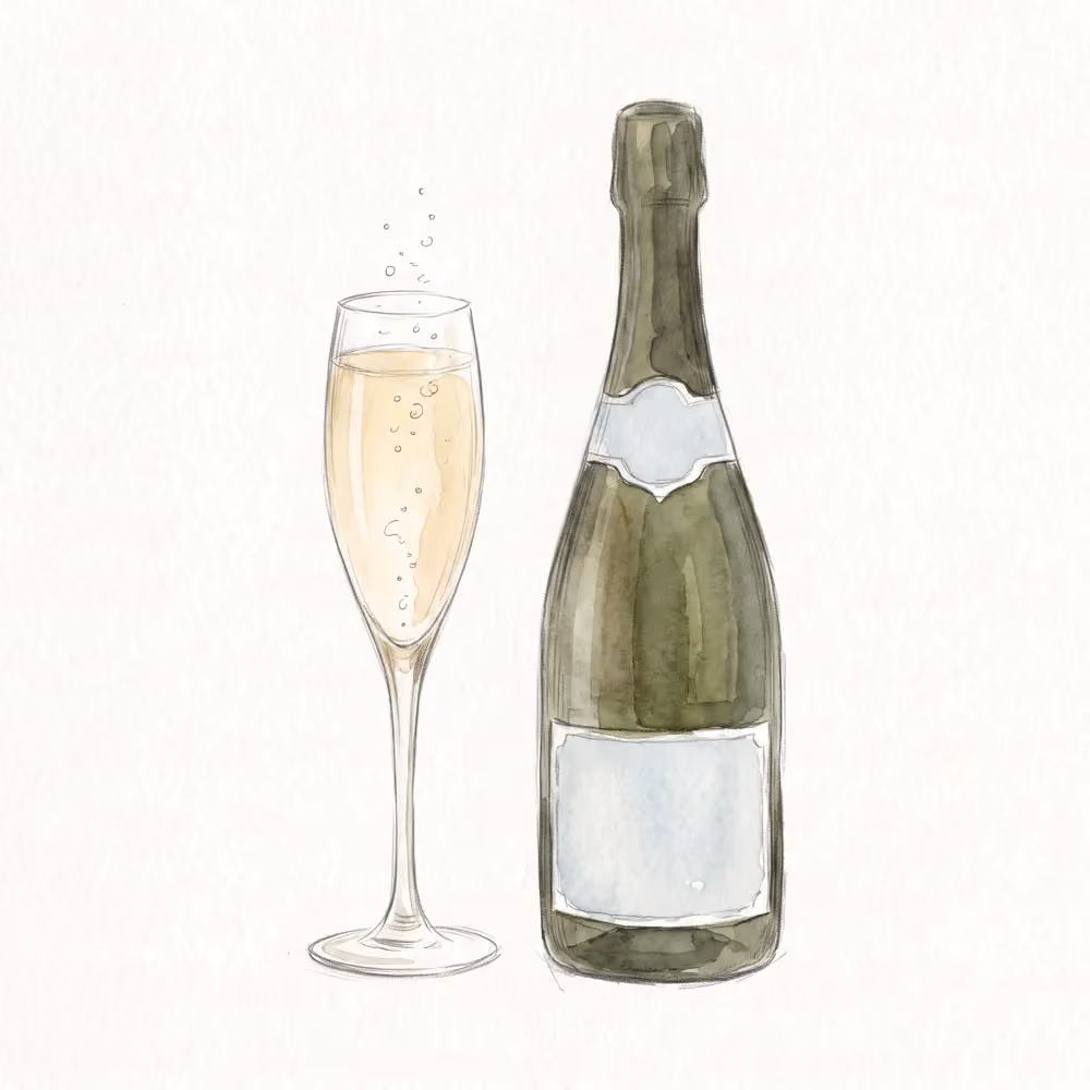 Watercolor illustration of a champagne bottle next to a filled flute glass with bubbles.