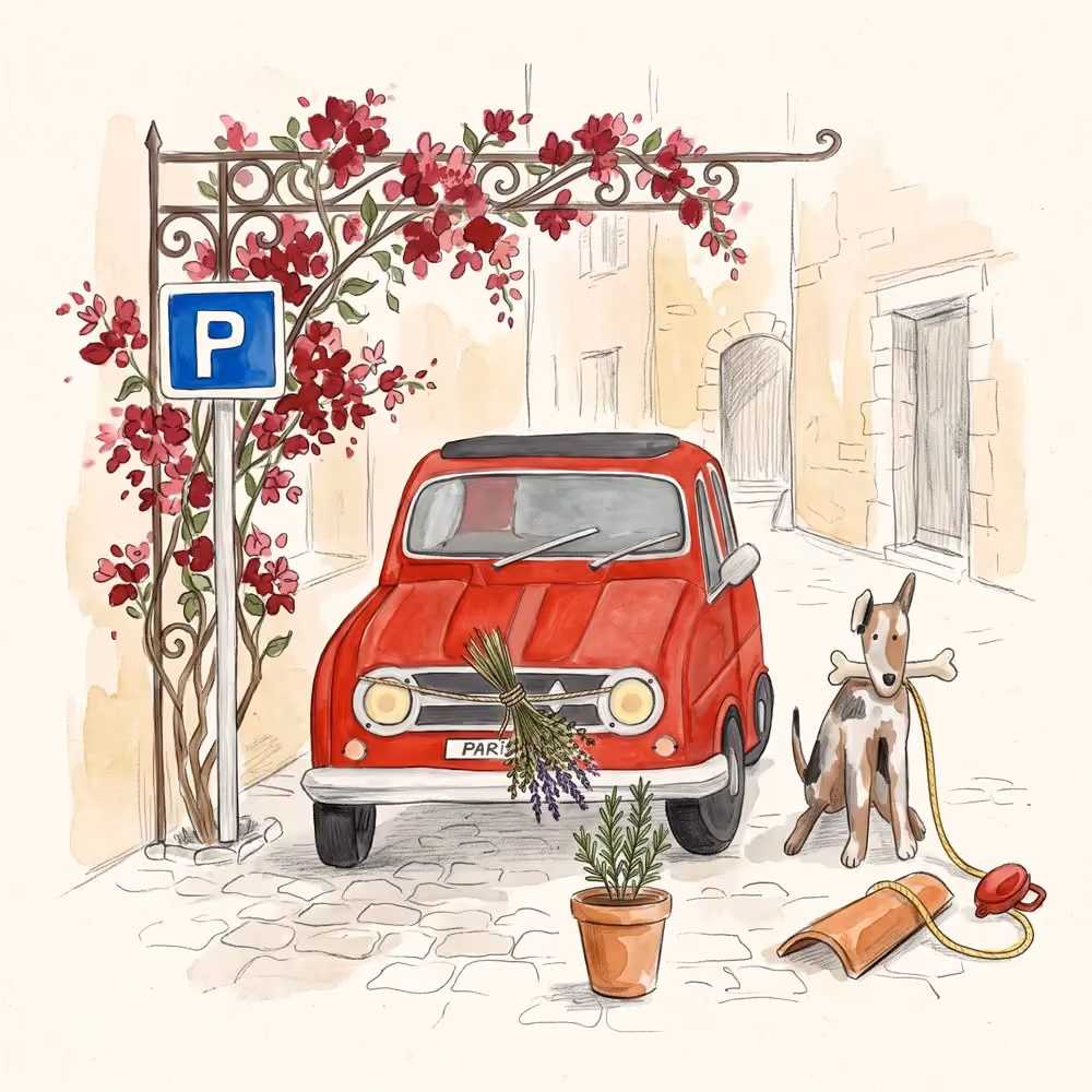 Red vintage car parked under floral arch, dog with bone in mouth sitting nearby on cobblestone street.