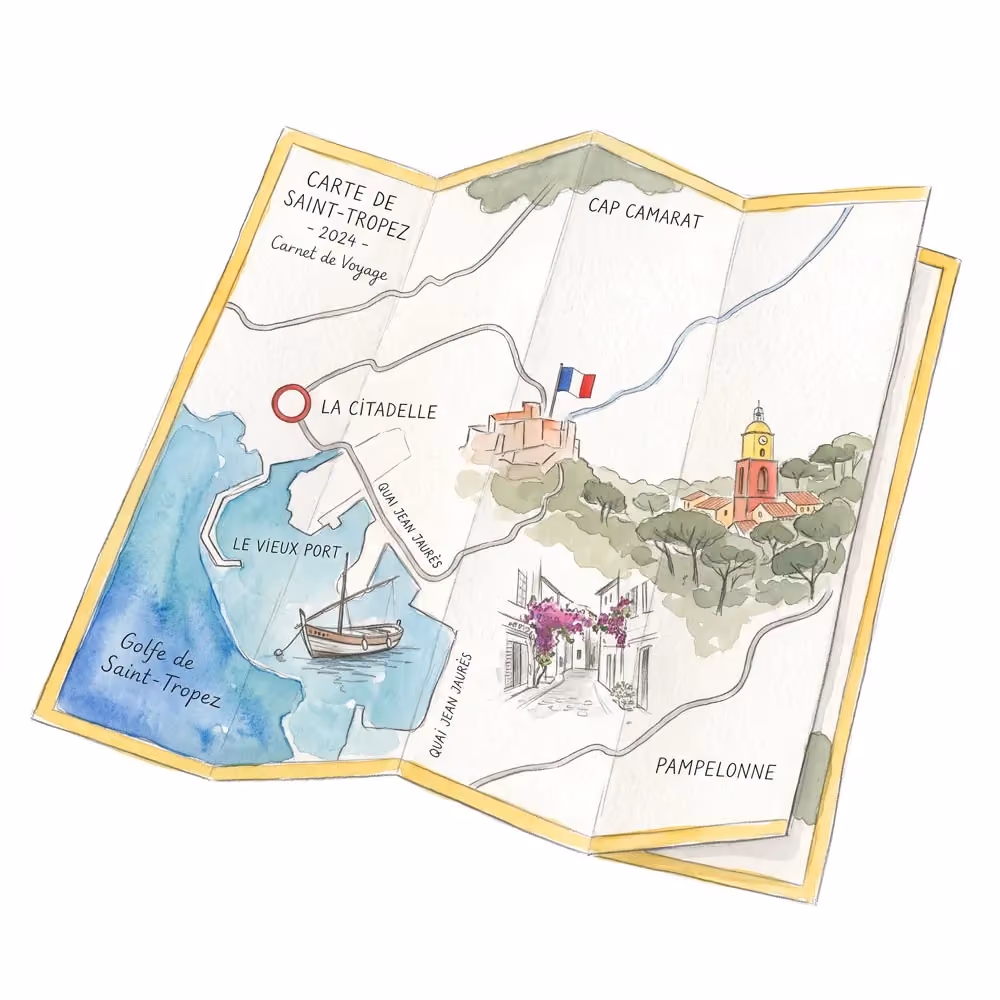 Watercolor map of Saint-Tropez featuring Le Vieux Port, La Citadelle, Cap Camarat, and Pampelonne.