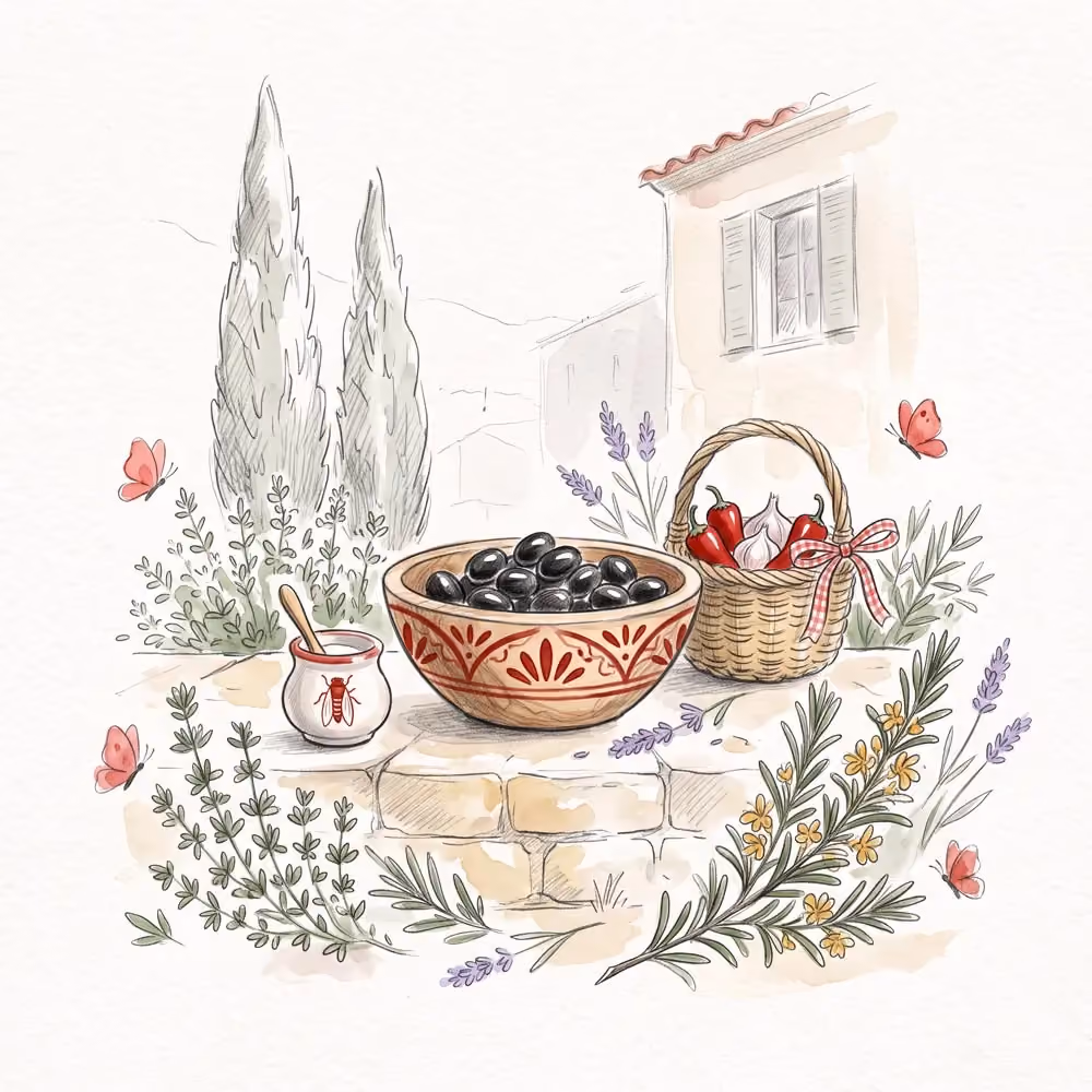 Illustration of a bowl of black olives, basket with garlic and red peppers, herbs, butterflies, and house background.