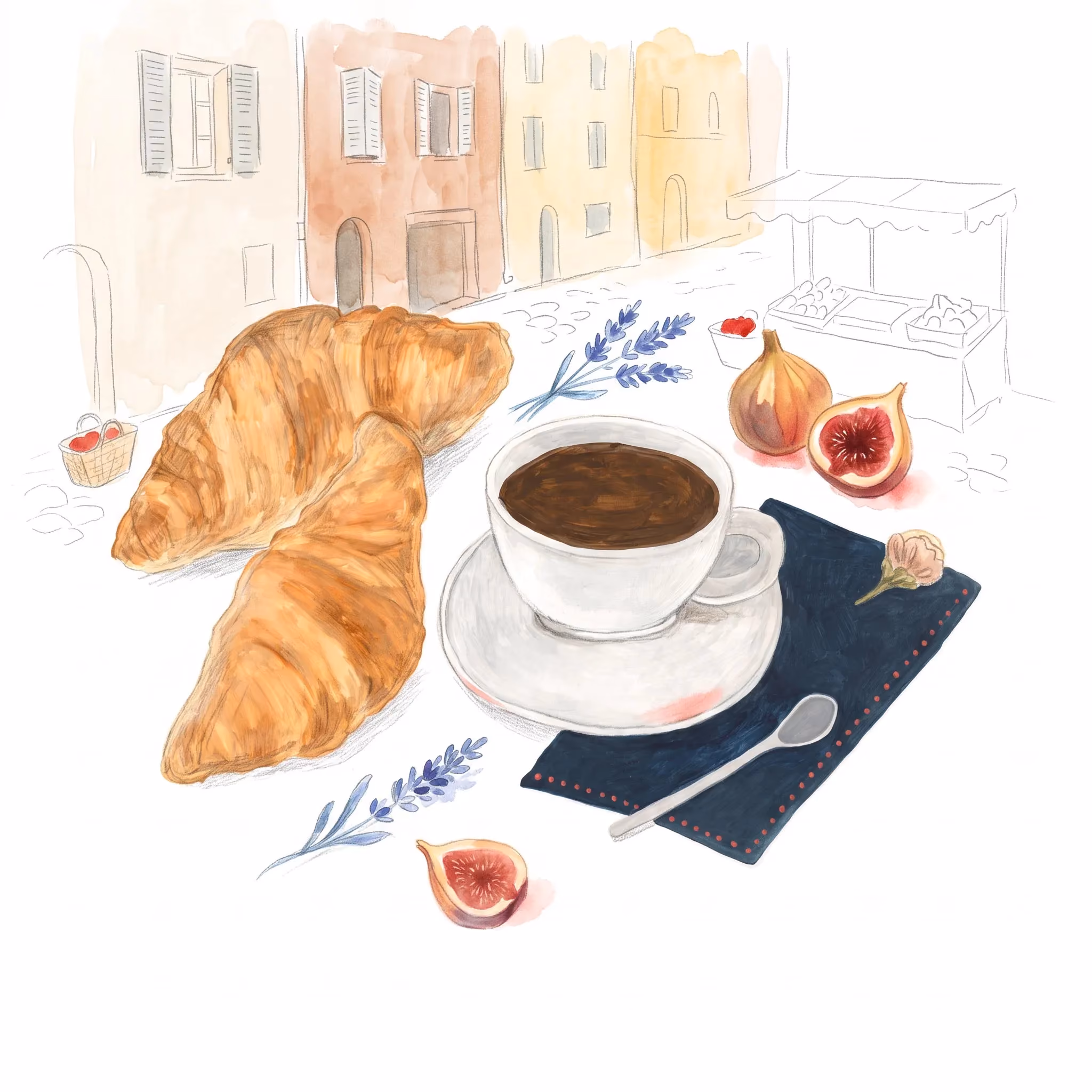 Watercolor of two croissants and a coffee cup with figs and lavender on a street scene background.