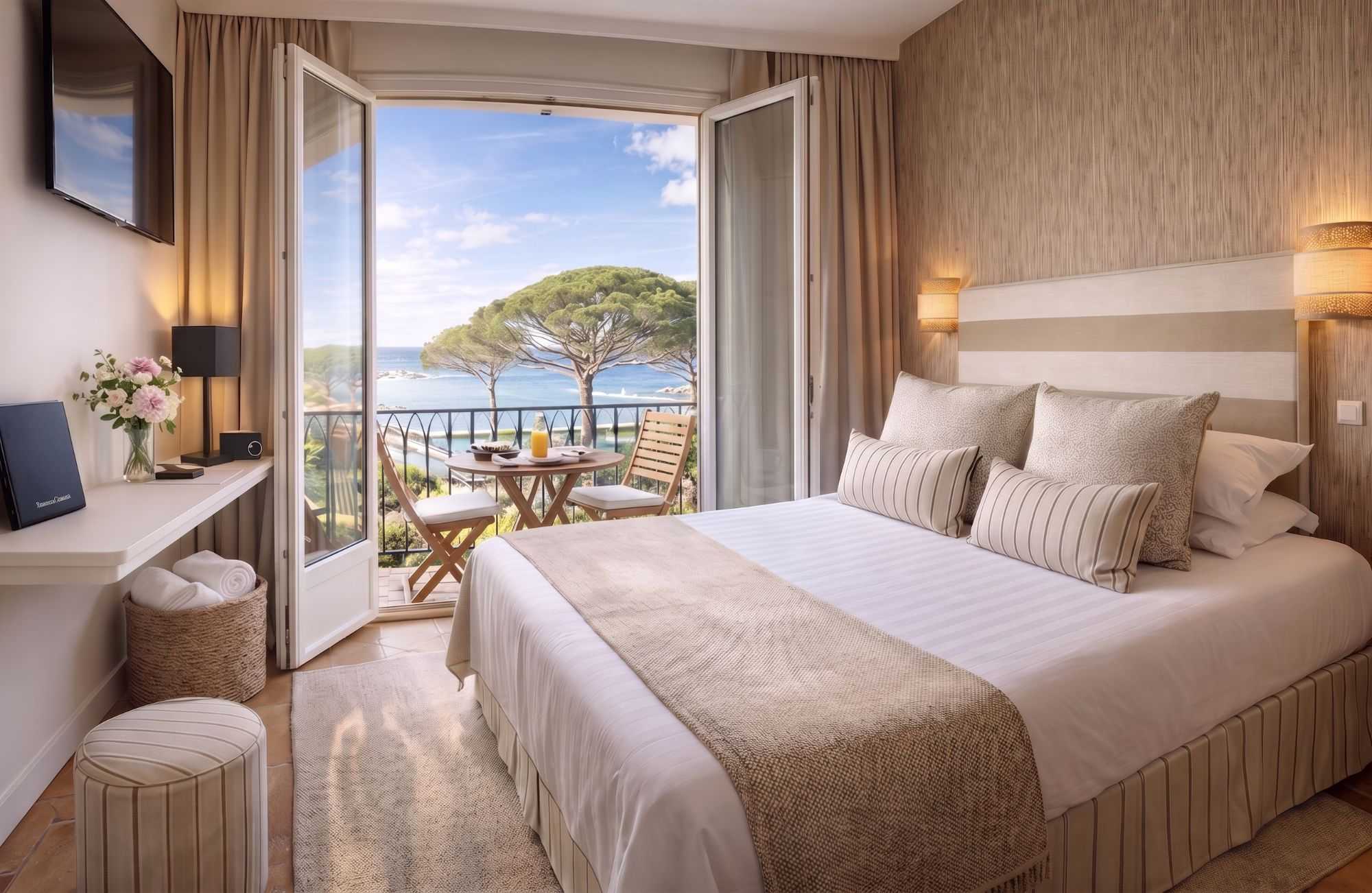 Chambre baignée de lumière aux tons beige, avec balcon ouvert offrant une vue spectaculaire sur la mer et les pins parasols, table dressée pour le petit-déjeuner.