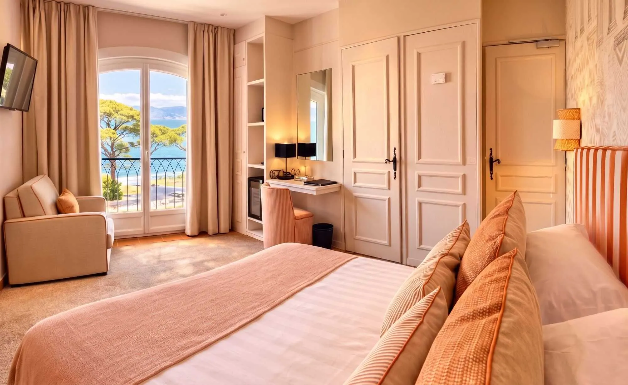 Chambre lumineuse aux tons pêche avec vue mer par une fenêtre arquée, coiffeuse blanche, placards à moulures, et fauteuil beige.