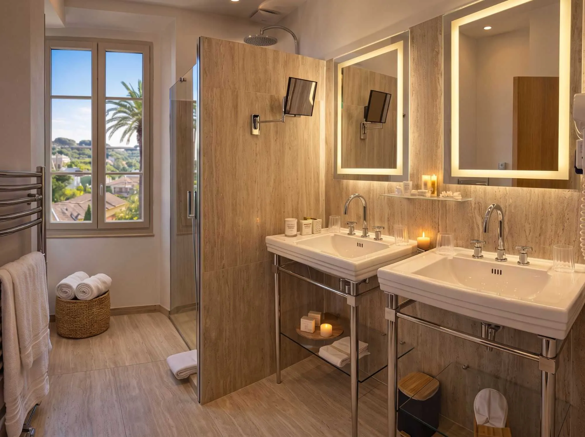 Salle de bain en marbre beige avec double vasque sur pieds chromés, miroirs rétroéclairés, douche vitrée, et fenêtre offrant une vue sur les toits et un palmier.