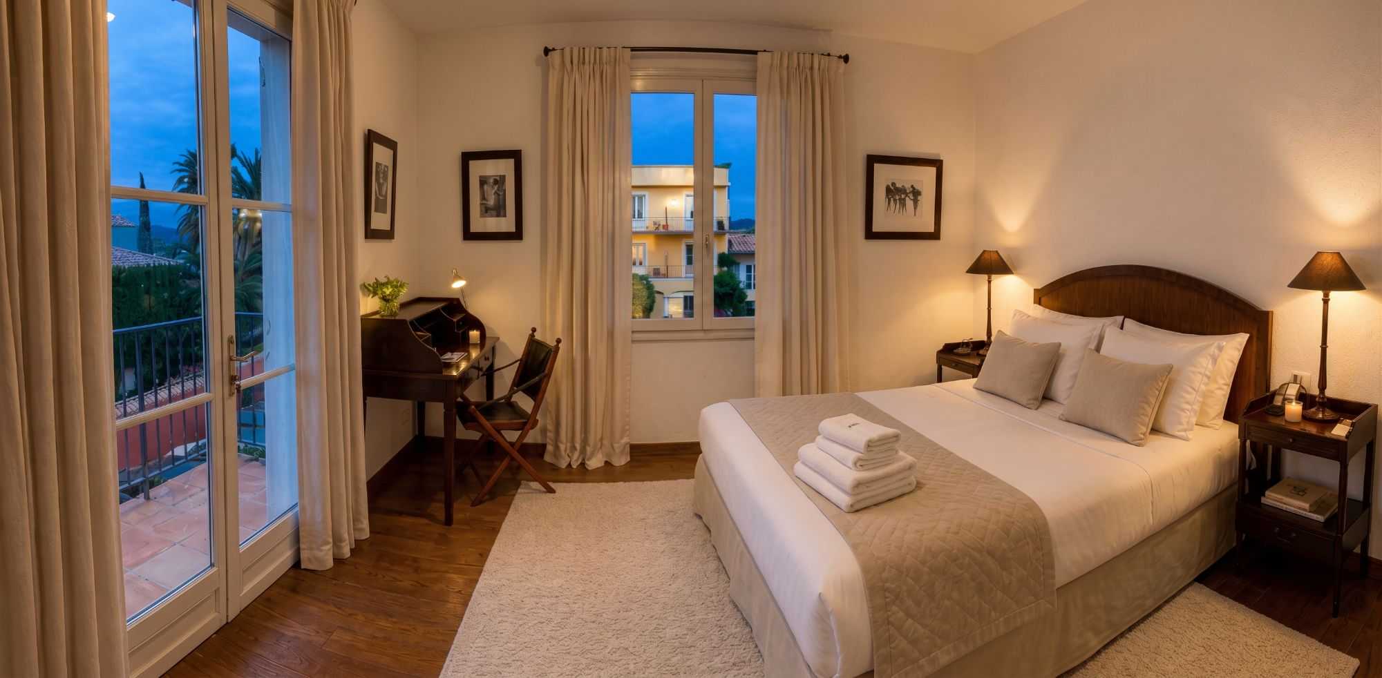 Chambre cosy éclairée au crépuscule, avec lit à tête en bois foncé, serviettes pliées, bureau ancien, et balcon ouvrant sur une vue nocturne de bâtiments provençaux.