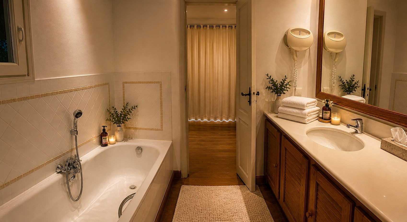 Salle de bain chaleureuse avec baignoire carrelée, bougies, vasque en bois surmontée d'un miroir, serviettes pliées, et vue sur une douche à travers une porte ouverte.