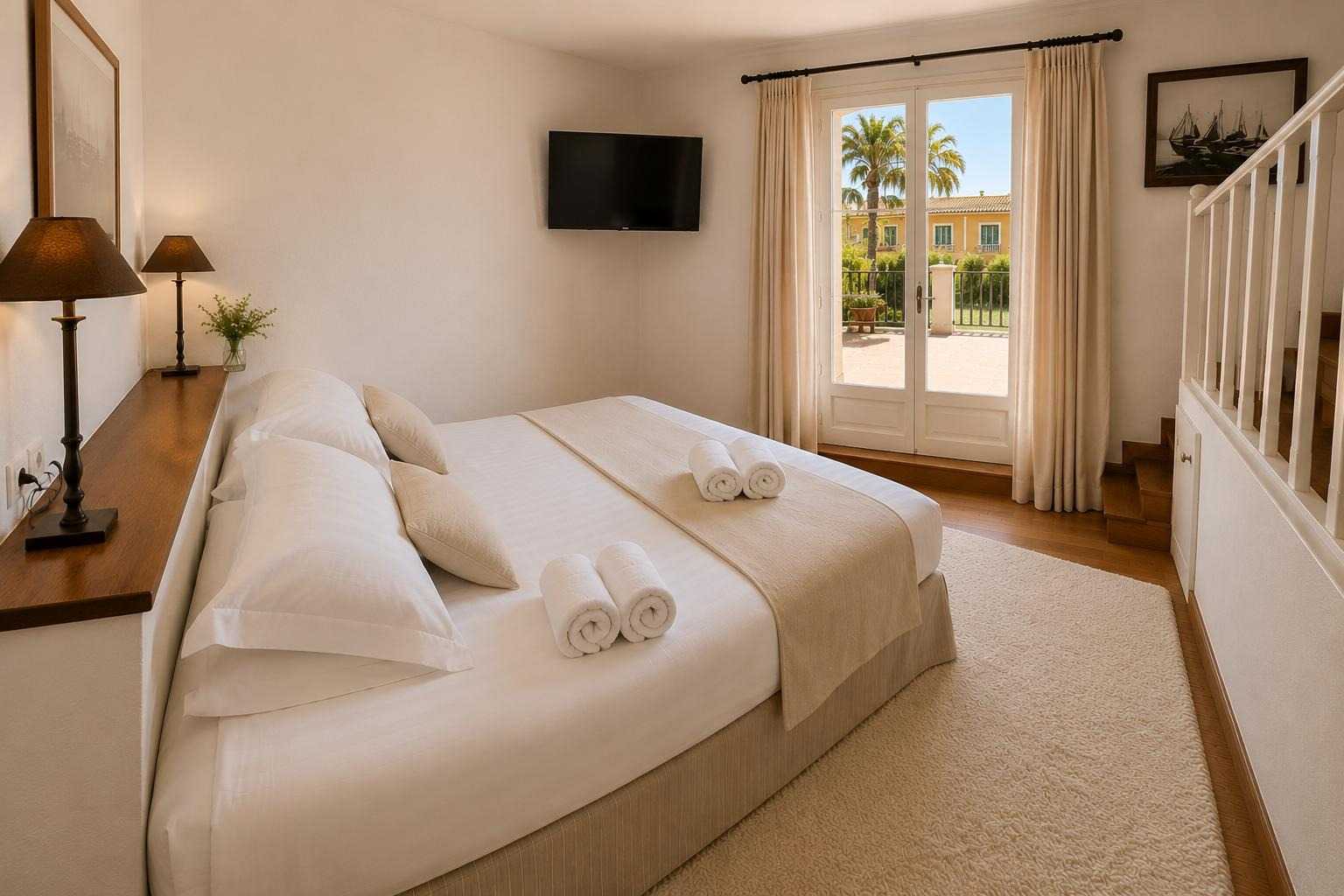 Chambre blanche épurée avec lit aux serviettes roulées, télévision murale, et porte-fenêtre ouvrant sur une terrasse bordée de palmiers avec vue sur une villa jaune.