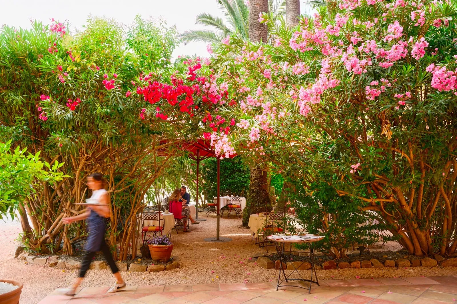 Terrazza esterna ombreggiata da oleandri in fiore, con tavoli apparecchiati, un ombrellone rosso e una cameriera in movimento che porta un vassoio.