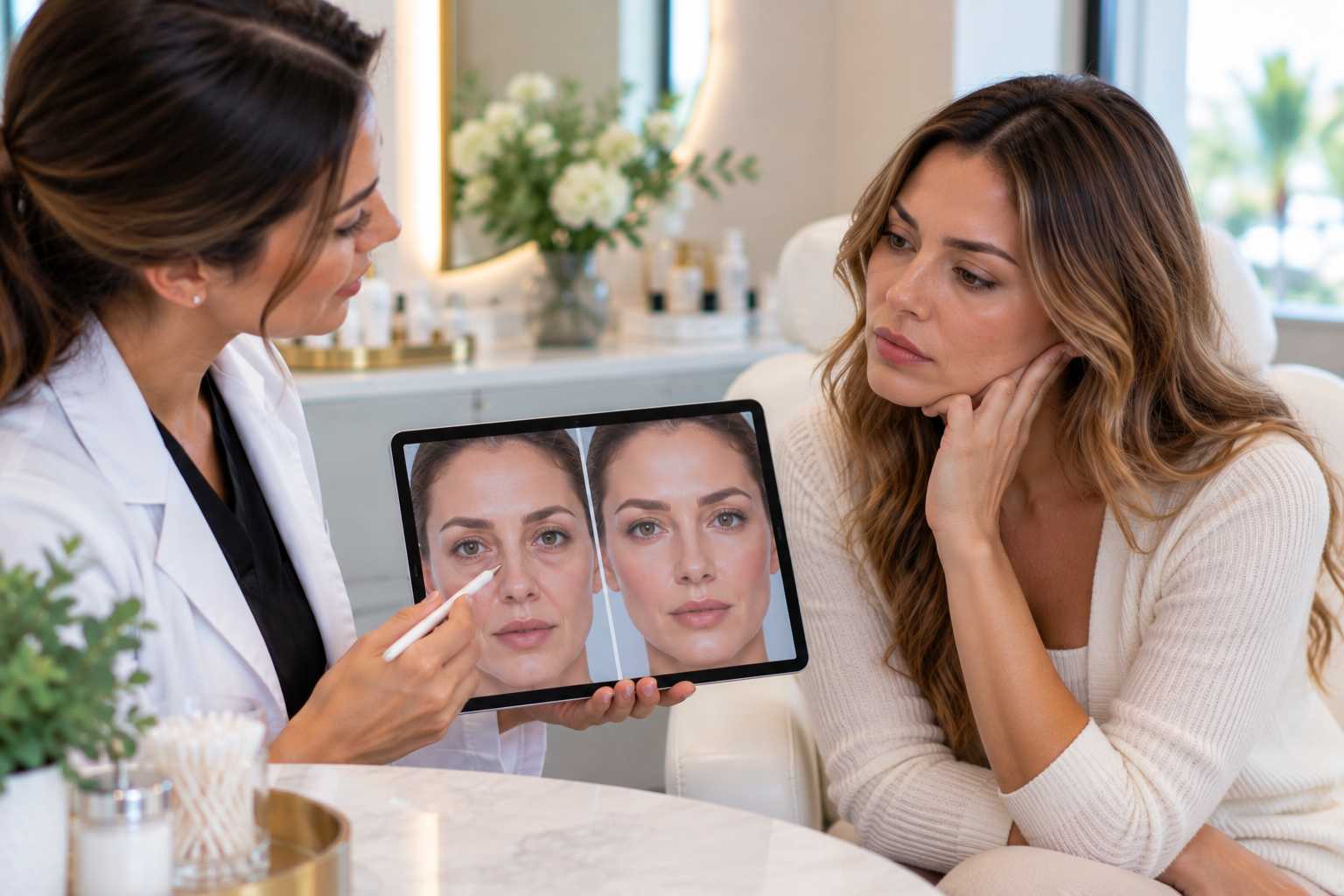 Close-up of a woman's cheek and smile line area before a dermal filler consultation for facial volume loss in Weymouth, MA