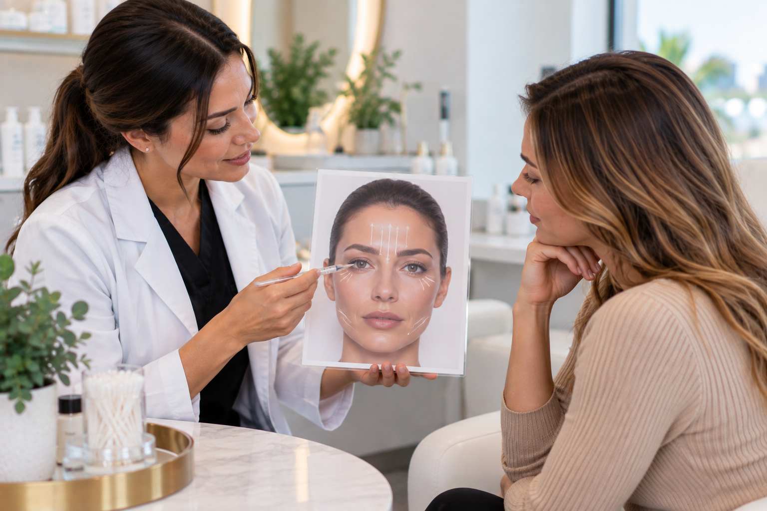 Provider marking forehead and frown line injection points before a wrinkle-relaxing neurotoxin treatment in Weymouth, MA